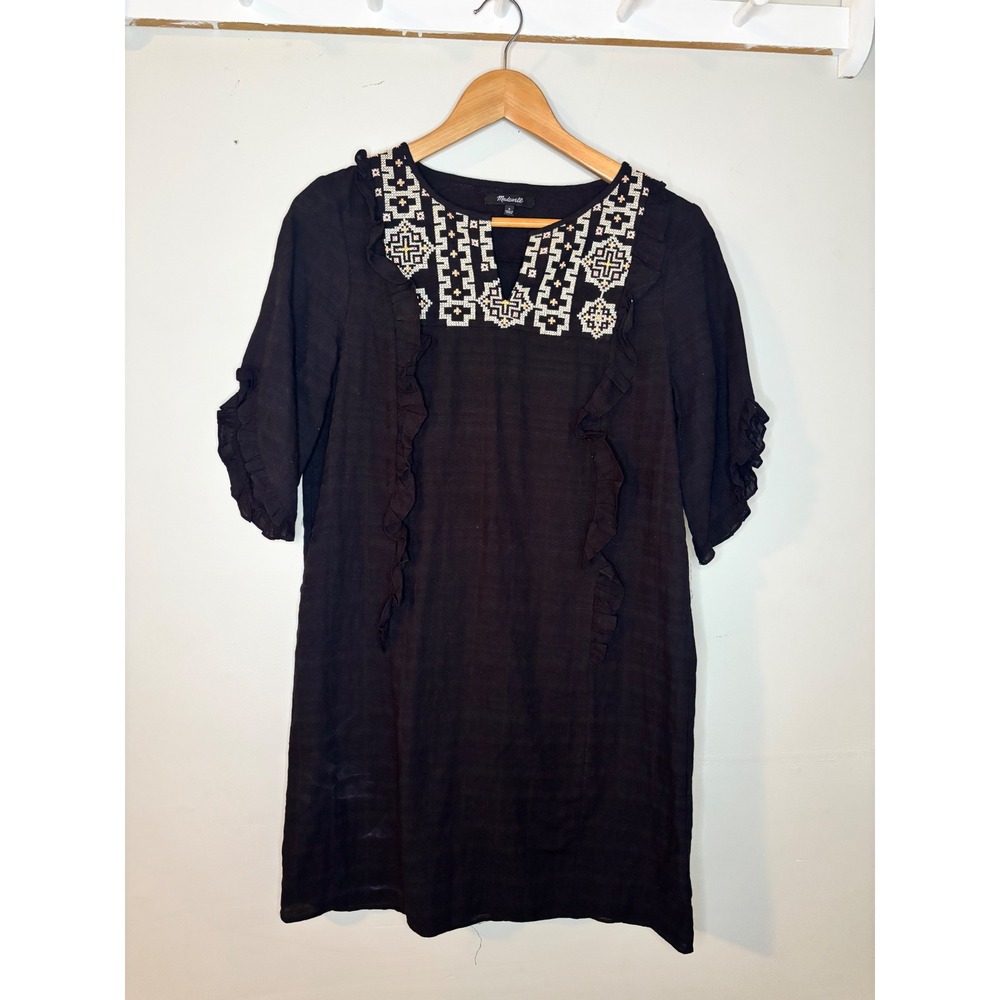 Madewell Black Embroidered Ruffle Shift Dress Cotton Boho Small